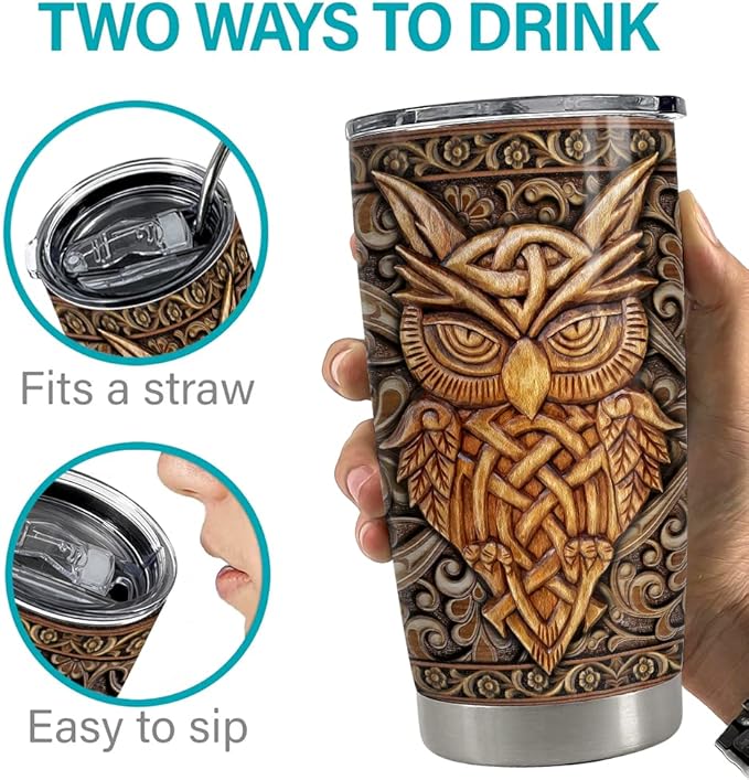 SANDJEST Owl Tumbler 20oz Owls Wood Drawing Stainless Steel Insulated Tumblers Coffee Travel Mug Cup Gifts for Women Men Owl Gift for Birthday Christmas