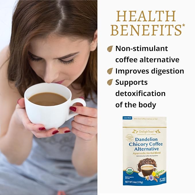 DelighTeas Organic Coffee Alternative | Ayurvedic Herbal Chicory Dandelion Coffee | Coffee Substitute | USDA Organic, Caffeine Free, Gluten Free | With Sweet Notes of Carob | 50 servings, 6oz.