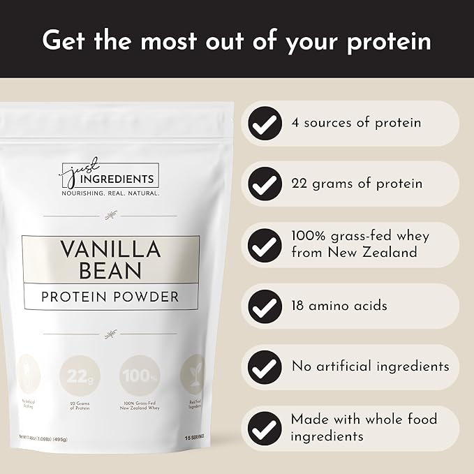 JUST INGREDIENTS Vanilla Protein Powder - Grass-Fed Whey Blend, Organic, Gluten Free - 15 Servings, 22g Protein
