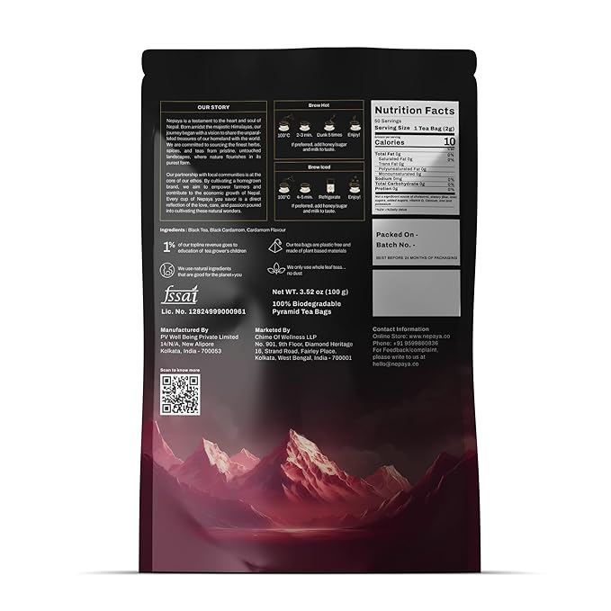 Nepaya Black Cardamom Black Tea – 50 Pyramid Tea Bags, Robust & Smoky, High Caffeine, Biodegradable, Himalayan Whole-Leaf, Coffee Replacement