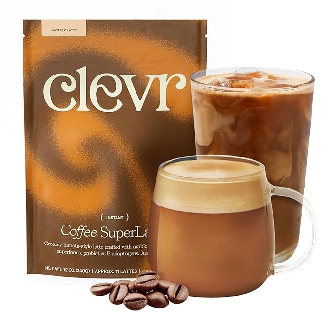 Clevr Mushroom Coffee – Decadent Café-Style Oat Milk Latte, Arabica Coffee, Ashwagandha, Lions Mane, Reishi, Probiotics for Energy & Focus – 14 Servings