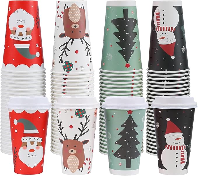100 Pack 16 oz Christmas Coffee Cups with Lids, Disposable To Go Paper Coffee Cups for Hot/Cold Drinks Office Home Shop Event (Colorful)