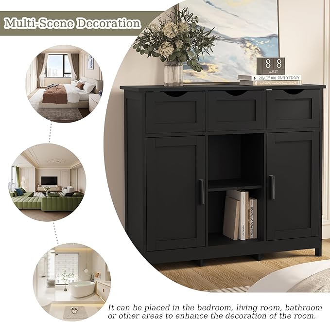 Sideboard Floor Storage Cabinet - Wooden Storage Organizer with 2 Doors and 3 Drawers, Free Standing Accent Buffet Cabinet with Adjustable Shelves for Living Room, Bedroom.Bathroom (Black)