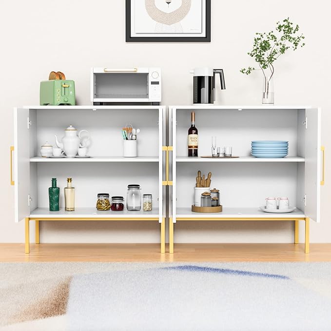 CARPETNAL Set of 2 Accent Storage Cabinet with Doors and Adjustable Shelf, Freestanding Buffet Cabinet, Modern Sideboard Buffet Cabinet for Living Room, Dining Room, Kitchen, Hallway (White)