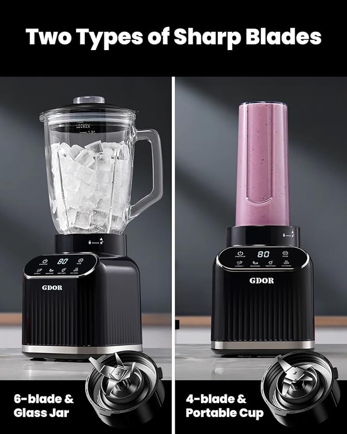 GDOR Professional Blender for Smoothies, 5 Functions, 1200 Peak Watts Smoothie Blender, 52 Oz Glass Jar & 24 Oz To-Go Cup Combo, Ice Crushing & Frozen Fruit, Self-Cleaning, Black