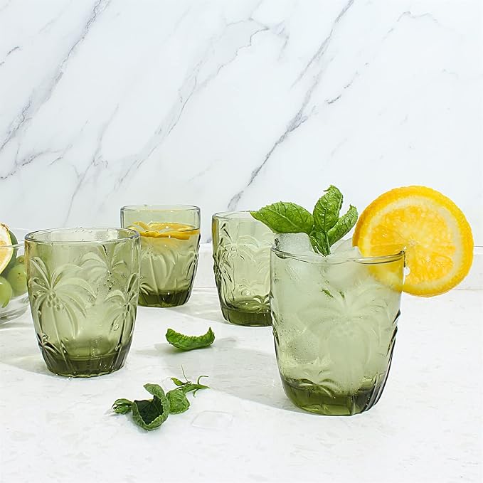 M&N HOME Green Christmas Tumblers, Colored Whiskey Glasses, Set of 4 Colorful Drinking Glasses, 9 Oz Coconut Cups, Glass Cups for Water and Juice, Holiday Glasses Drinkware - GREEN SET