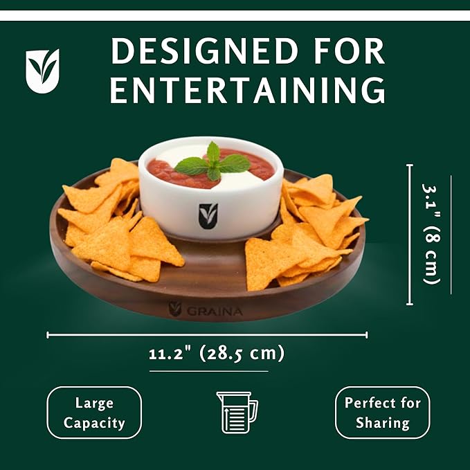 Graina Premium Wooden Chip and Dip Serving Tray Set – Dark Walnut Large Serving Tray with Ceramic Dip Bowl & 2 Wooden Spoons – Chip and Dip Bowl Set for Chips, Snack & Entertaining | Appetizer Platter