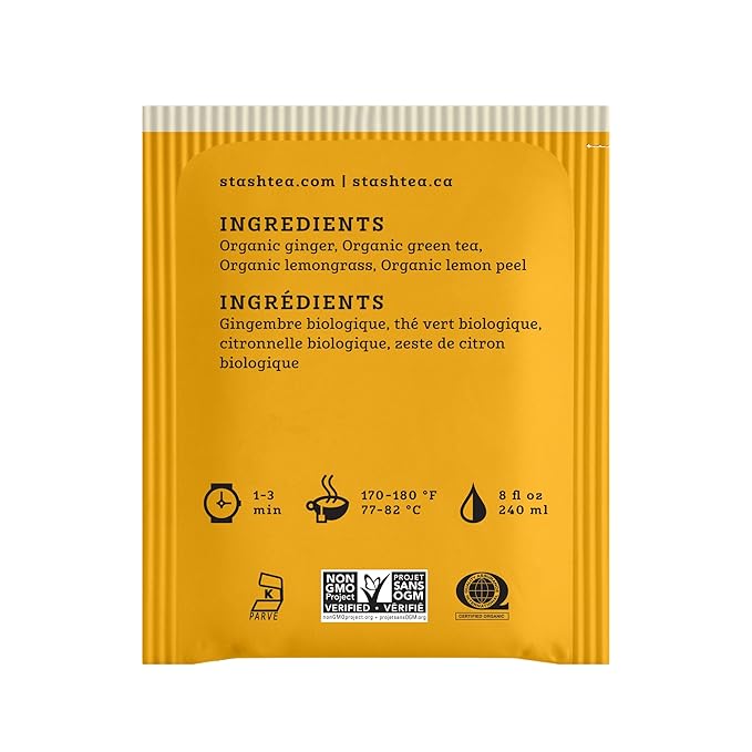 Stash Tea Organic Lemon Ginger Green Tea, Caffeinated, Non-GMO Project Verified, Serve Hot or Iced, 96 Tea Bags, 16 count (6 pack)