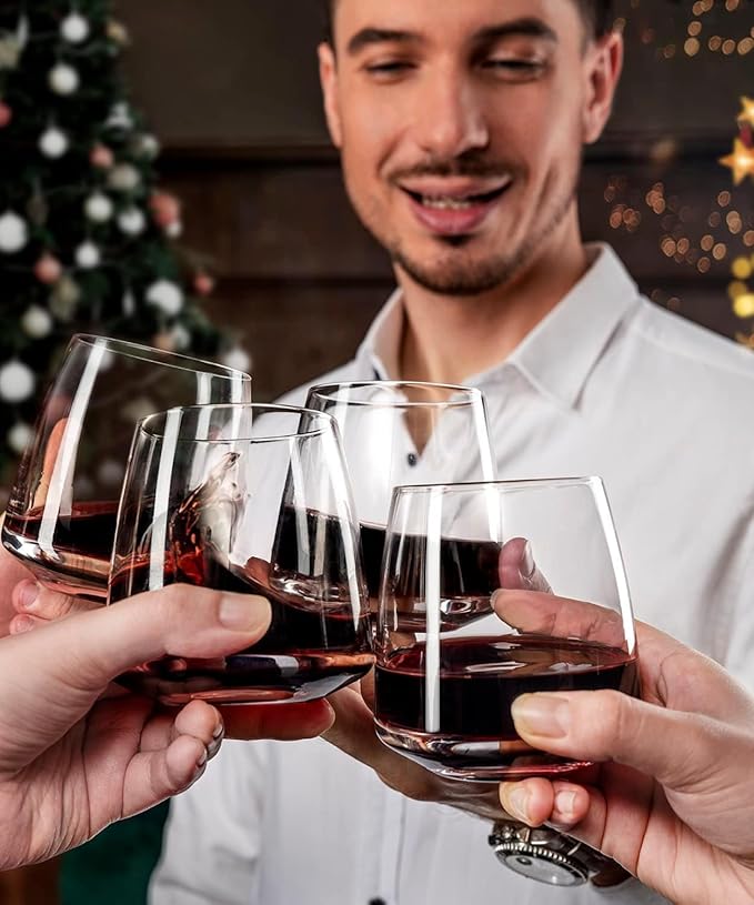 Stemless Wine Glasses Set of 6 13.5oz, Hand Blown Red White Wine Glasses Unique Gifts for Him Her for Birthday, Wedding, Christmas, Anniversary