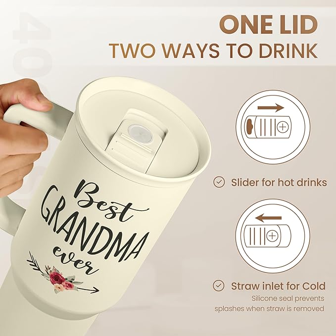 Grandma Tumbler with Handle 40oz, Grandmother Gifts from Granddaughter Grandson, Stainless Steel Tumblers Coffee Travel Cup, Gifts for Nana Mimi Grandmom on Birthday Christmas Mothers Day Valentines