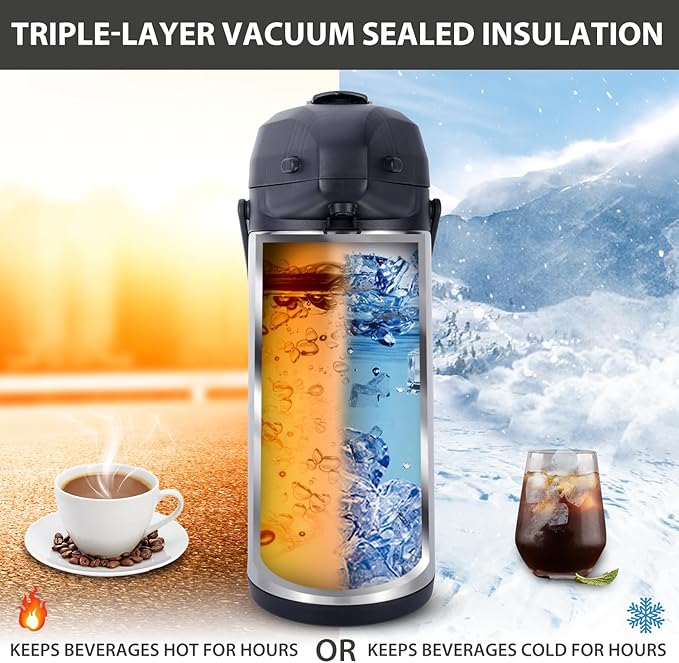 Heritage66 3L Airpot Thermal Coffee Carafe with Cleaning Brush, Triple Wall Vacuum Insulated Stainless Steel Coffee Dispenser, 101oz Pump Pot for Hot & Cold Drinks