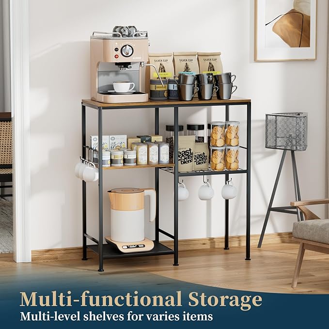 Consumest Microwave Stand, Adjustable Coffee Bar Cabinet, Multifunctional Pan Organizer with 6 Hooks and 3 Shelves, Bakers Rack for Shovel, Pots, Fruits, Vegetables, Brown&Black