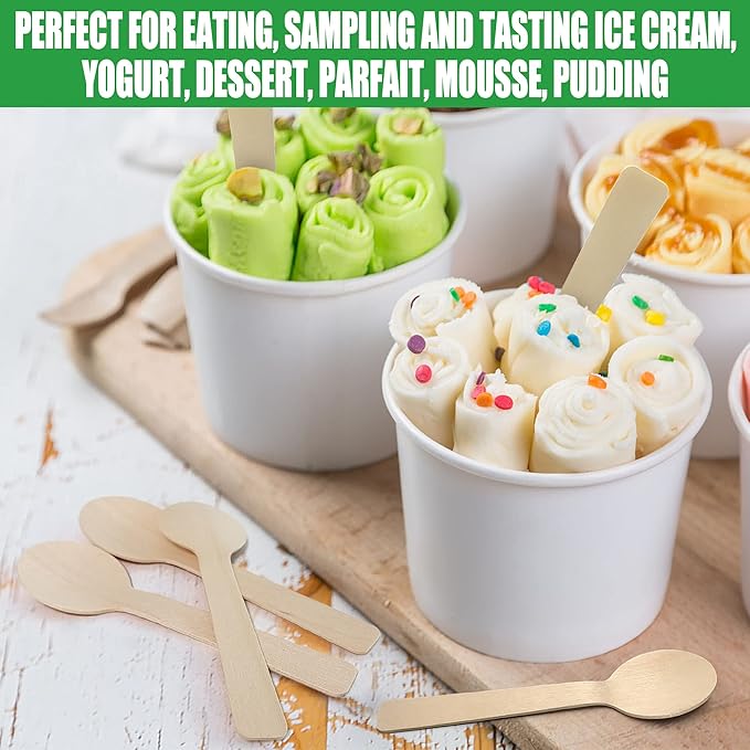 LotFancy 200 Mini Wooden Spoons, 4 Inch Length, Biodegradable Compostable Eco-friendly Birchwood Taster Spoons