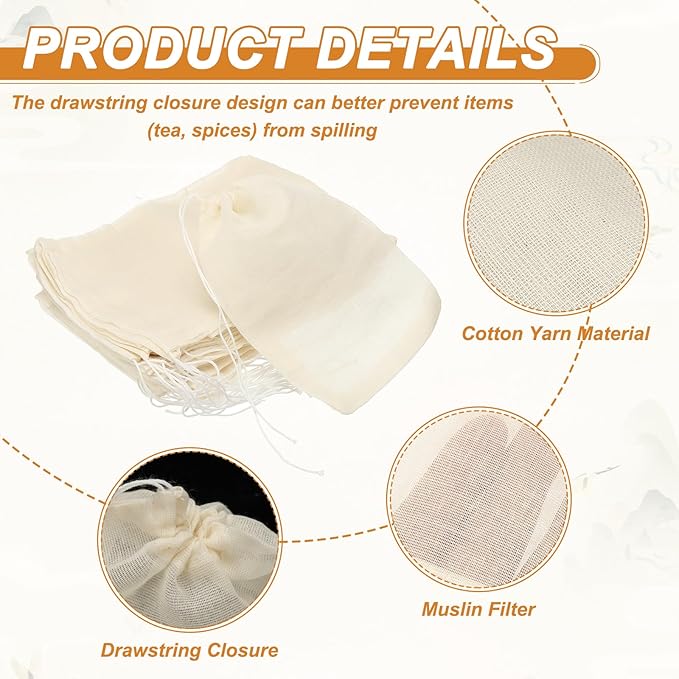 uxcell 20 Pcs Spice Bags for Cooking, 5x3 in Reusable Empty Tea Bags Muslin Strainer Cotton Cheese Cloth for Loose Leaf Tea Sachet Straining Soups Herbs, Beige