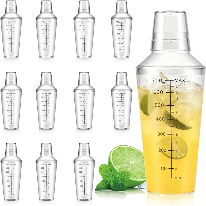 Plastic Boston Cocktail Shaker Set, 12 Pack 24oz Shatterproof Bartender Kit with Built-in Strainer Lids, Travel Bar Tools for Beginners, Mixing Martinis, Margaritas (700ML-A, 12 pack)
