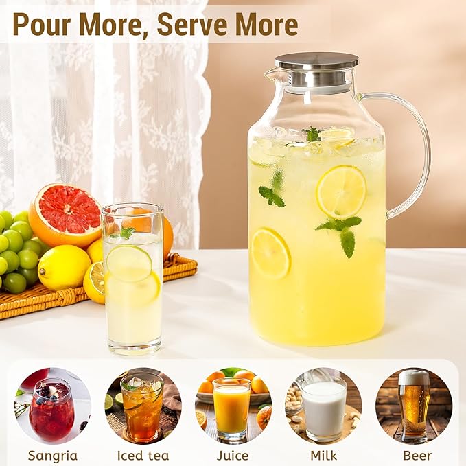 1 Gallon thickened Glass Pitcher with Lid and Spout, Borosilicate Glass Carafe for Hot/Cold Drink, Water Pitchers for Fridge, Extra Large Jug with Handle for Iced Tea, Coffee,Juice,Homemade Beverage