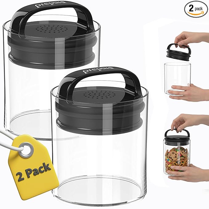 Prepara Evak Fresh Saver Short Airtight Containers, Large - Black Handle with Patented Twin-Valve System, BPA Free Stackable Storage Canisters for Pantry Organization - Dishwasher Safe (2-Pack)