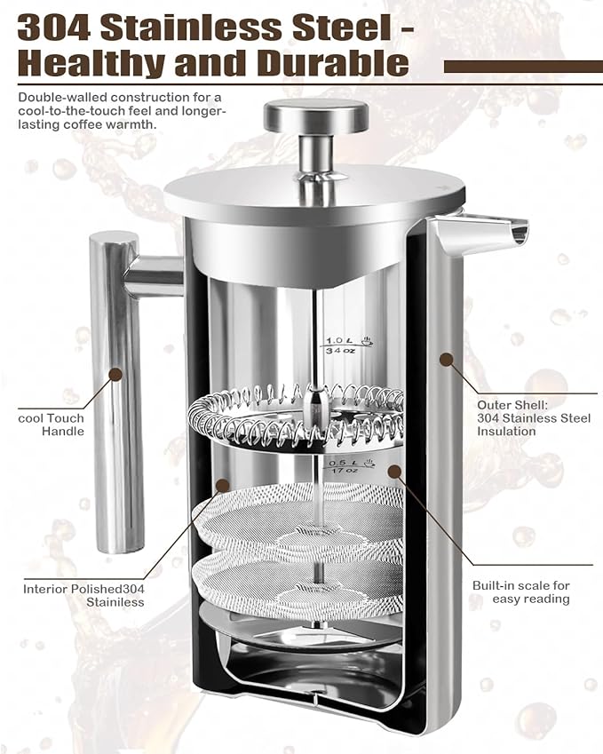 French Press Coffee Maker,304 Stainless Steel Coffee Press with scale lines and 2 Extra Filters for Kitchen & Camping (Silver, 50 OZ) 1.5 Litre
