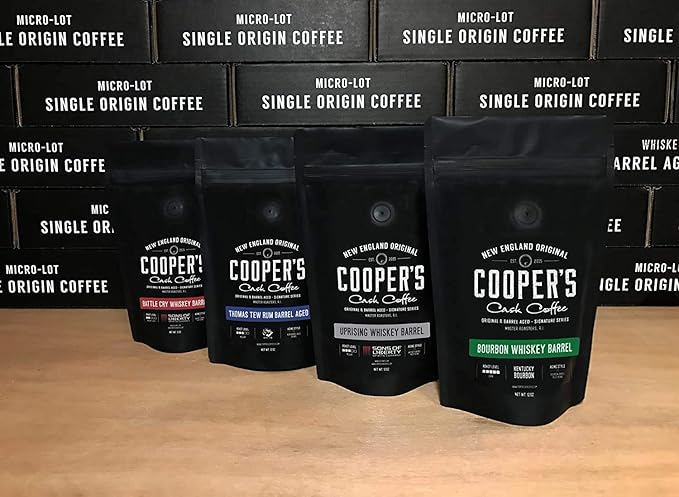 Rye Whiskey Barrel Aged Coffee, Single Origin Roasted Coffee beans, Ethiopian Beans Aged in Rye Whiskey Casks, 2lb Bags, Ground