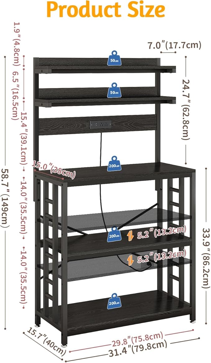 Adjustable Bakers Rack with Power Outlet,Coffee Bar Station with Led Lights,Microwave Stand with Storage,5-Tier Kitchen Shelf,Kitchen Storage Rack for Spices, Pots and Pans,Rustic Brown,Black