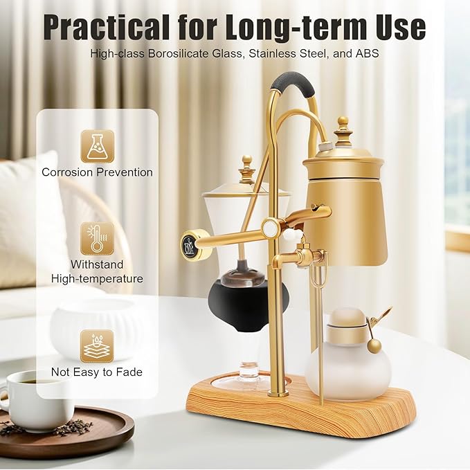 Retro Gold Siphon Coffee Maker - Vintage Vacuum Brewer with Creative Brewing Artistry & Auto-Safety Shutoff, Elegant Kitchen Decor for Home Baristas and Coffee Lovers
