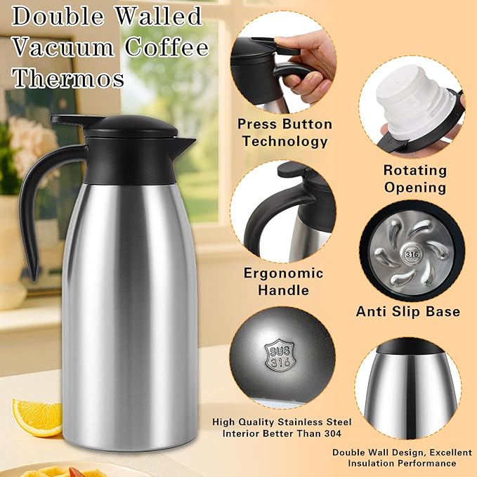 2 Pcs 68 OZ Insulated Coffee Carafe – Thermal Stainless Steel Carafe for Hot Liquids | Double Wall Coffee Thermos Dispenser with Cleaning Brushes – Keep 12H Hot & 24H Cold