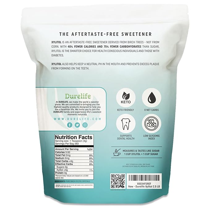 DureLife XYLITOL Sugar Substitute 2.5 LB (40 OZ) Made From 100% Pure Birch Xylitol NON GMO - Gluten Free - Kosher, Sugar alternative,