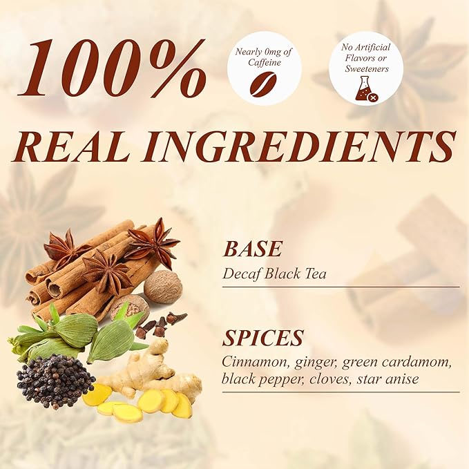 WT WEETEE Decaf Chai Tea Bags 50 Count, Blend CO2 Decaffeinated Black Tea with 6 Spices Chai, Rich & Cinnamon Aroma, Dairy & Flavoring Free