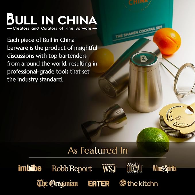 5 Piece Cocktail Kit by Bull In China - Premium Bartender Gift Set Includes Weighted 2 Piece Boston Shaker, Hammered Bell Jigger, Hawthorne Strainer & Fine Mesh Strainer (Matte Black)