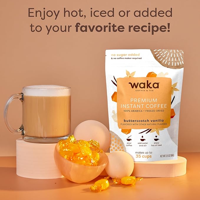 Waka Premium Instant Coffee — Butterscotch Vanilla Flavored — 100% Arabica Freeze Dried Beans — For Hot or Iced Coffee (3.5 Ounces Pouch)