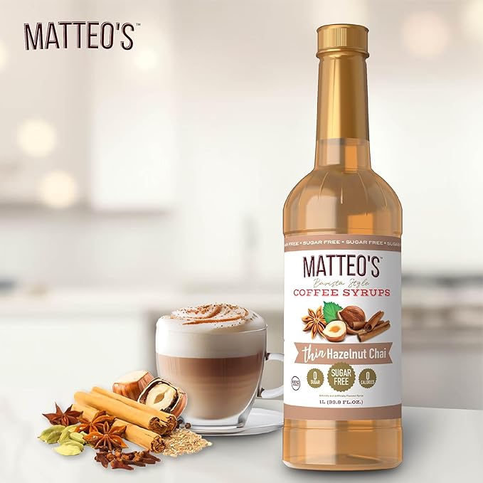 Matteo's Hazelnut Chai Syrup for Coffee, Lattes, Cappuccinos & Desserts – Sugar-Free Sweetener for Beverages, Keto Friendly, Zero Calories, Indulgent Flavor, Non-Alcoholic, 33.8oz (1pk)