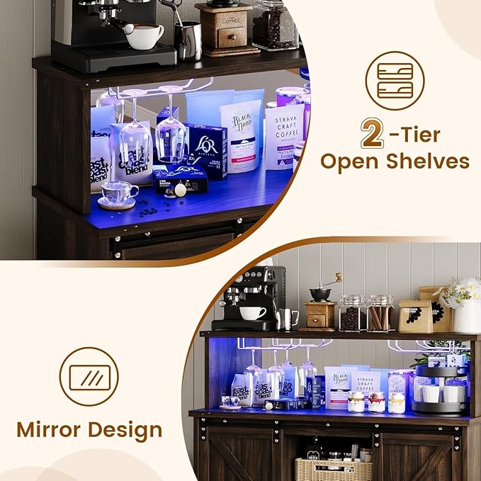 4ever2buy Farmhouse Coffee Bar Cabinet with LED Light & Mirror, 47” Buffet Cabinet with Sliding Barn Door,Coffee Bar with 4 Glass Hooks & 9 Wine Racks for Kitchen Dining Living Room, Brown