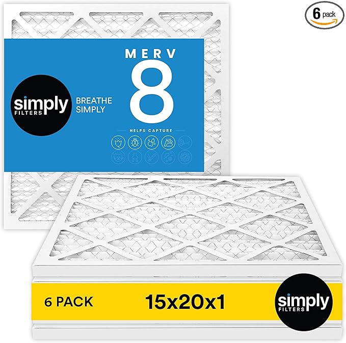 Simply 15x20x1 Air Filter, Merv 8, 6 Pack, For Home AC Furnace & HVAC (Actual Size: 14.75"x19.75"x0.75") DUST, Pet, & Allergy Control