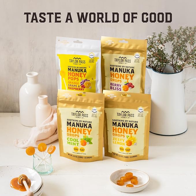 Taylor Pass Honey Co Mānuka Honey Drops UMF™ 10+| Zesty Lemon | Mānuka Honey Lozenges | Soothing Natural Manuka On-The-Go | 22 Individually Wrapped Drops | Made in New Zealand