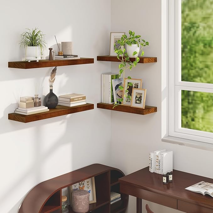 Fun Memories Floating Shelves, 9.3'' Deep Solid Pine Wood Wall Shelves for Storage, Wall Mounted Display Shelf with Invisible Heavy-Duty Metal Bracket, 36'' Width Set of 2, Walnut