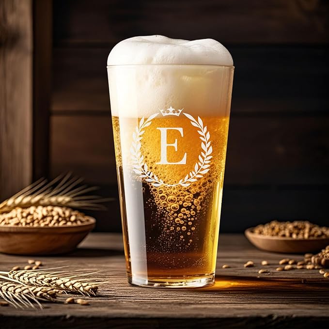 Personalized Beer Glasses Gifts for Men, 16 oz Pint Glasses Monogrammed A-Z Drinking Glass Cups Customized Gift, Unique Christmas Anniversary Birthday Gifts for Men Him Dad Brother Husband Grandpa (E)