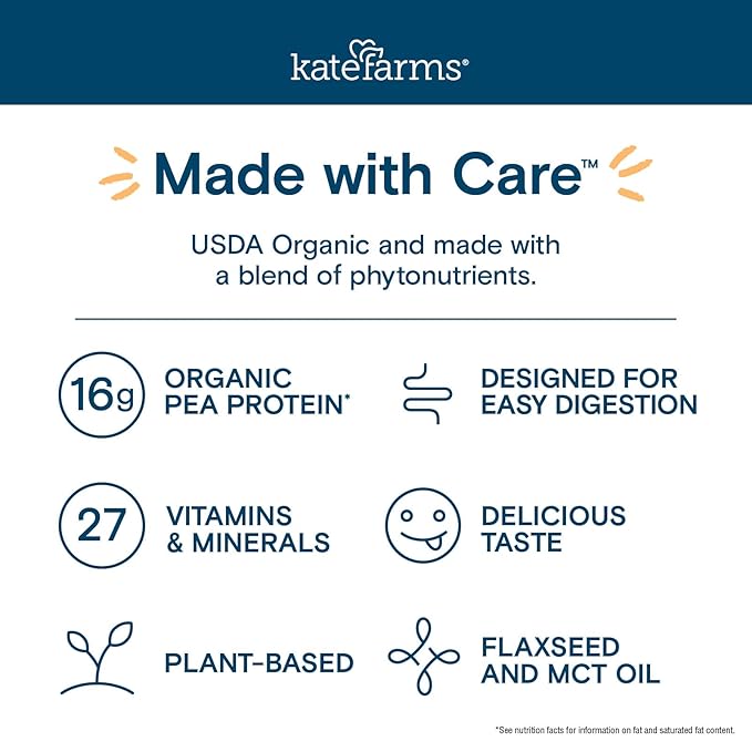 KATE FARMS Organic Nutrition Shake, Vanilla, 16g Protein, 27 Vitamins and Minerals, Protein Meal Replacement Drink, Protein Shake, 11 oz (12 Pack)
