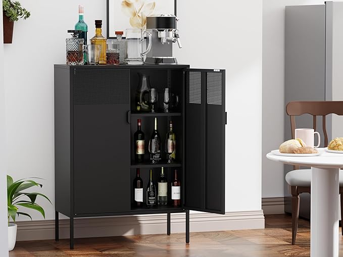 Metal Storage Cabinet,Kitchen Pantry Storage Cabinets with Doors,Buffet Cabinet with 2 Adjustable Shelves,Black Pantry Cabinets,Steel Sideboard for Home,Shoes,Office,Dining Room