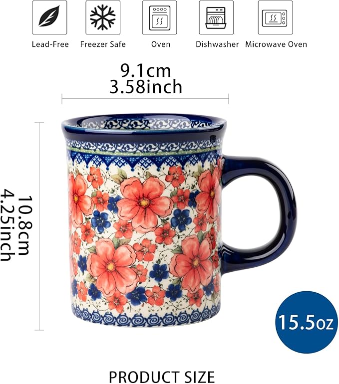 Ceramic Latte Mug Set of 4, 15.5oz Hand Painted Porcelain Coffee Cups With Handle for Tea/Milk/Cocoa - Modern Retro Design For Any Kitchen. Microwave and Dishwash Safe (Snow and Plum)
