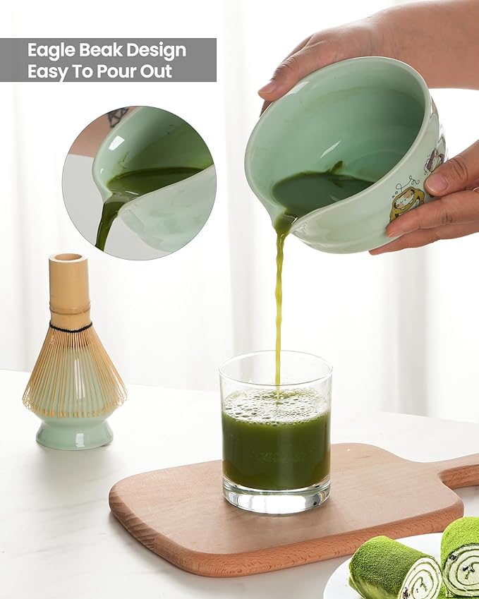 Matcha Whisk Tea Set Kit Japanese Matcha Kit - Matcha Bowl, Matcha Whisk and Holder, Bamboo Scoop, Scoop Rest, Sifter and Tea Towel - for Tea Ceremony Breakfast Lattes - Home Kitchen Christmas(Green)