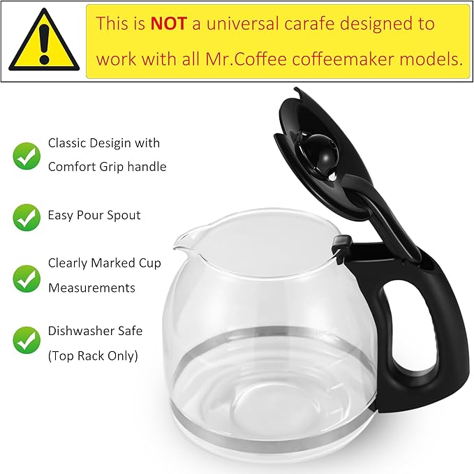 12-Cup Glass Replacement Carafe for Mr. Coffee Model #SK12, SK13, EHX23, JWX31, SJX23, SJX39 (Black, Replaces PLD12-RB)