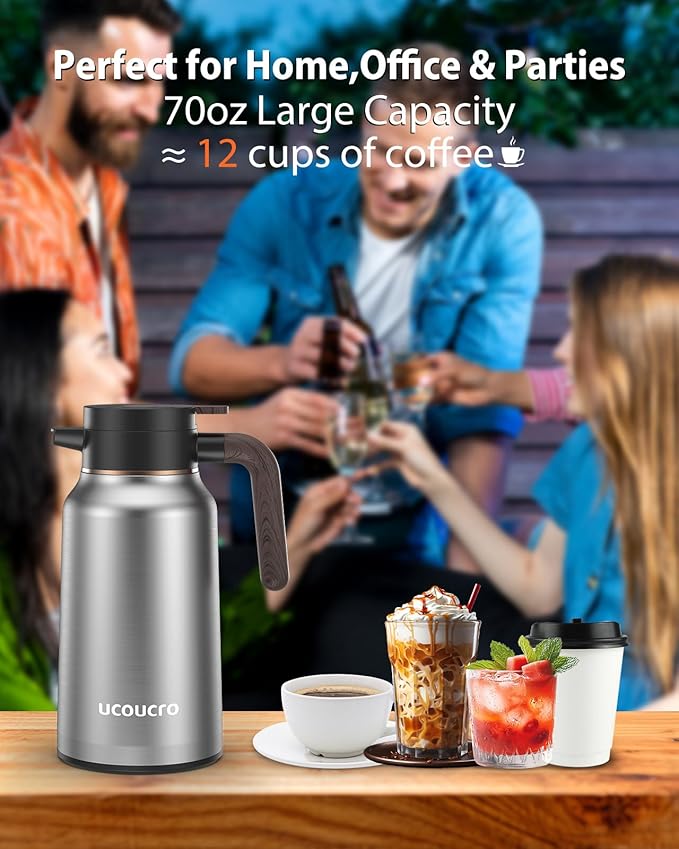 70 oz/2L Thermal Coffee Carafe - 18/8 Stainless Steel Carafes for Hot Liquids-Insulated Coffee Dispenser For Keeping Beverage Hot/Cold Coffee, Tea, Water, Drink Dispenser for Parties,Office,Home