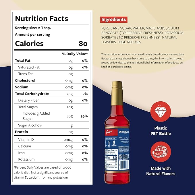 Torani Watermelon Syrup for Drinks, Flavoring for Sodas and Cocktails, Pump Included, 25.4 Oz