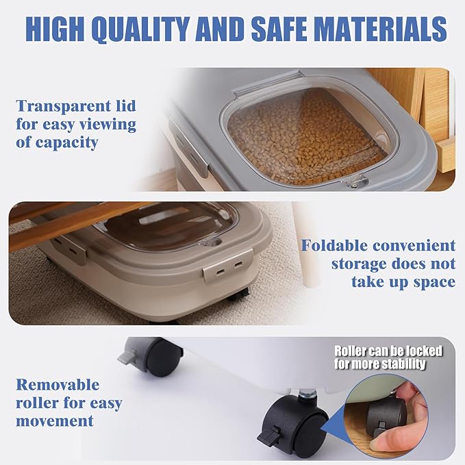 Collapsible Dog Food Storage Container with Lids, Airtight Rice Flour Cereal Sugar Cat Pet Bird Seed Containers Bin Bucket with Rolling Wheel, 20 25 30 Lbs Pound Plastic Sealable Kitchen Pantry Holder