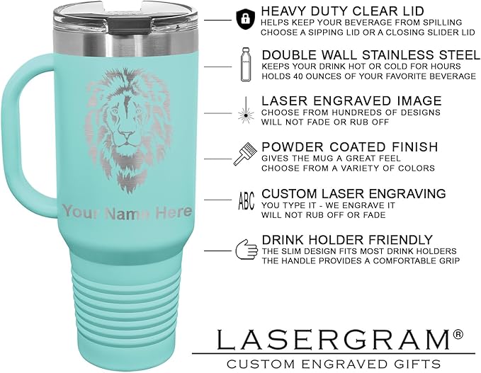 LaserGram 40oz Vacuum Insulated Travel Mug with Handle, Tiki Statue, Personalized Engraving Included (Teal)