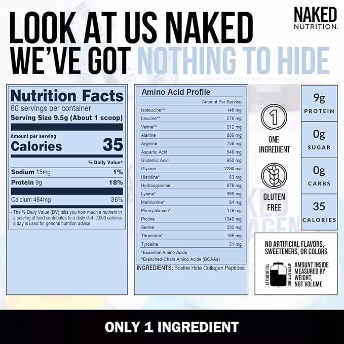 NAKED Collagen Peptides Protein Powder, 60 Servings, Pasture-Raised, Unflavored Grass-Fed Hydrolyzed Collagen Supplement, Paleo Friendly, Non-GMO, Keto, Gluten Free, 20oz