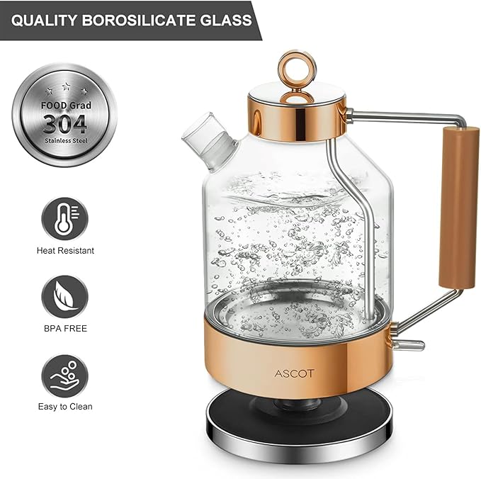 Electric Kettle, ASCOT Glass Electric Tea Kettle 1.5L 1500W Retro Tea Heater & Hot Water Boiler, No Plastic, BPA-Free, Cordless, with Auto Shut-Off and Boil-Dry Protection (Rose Gold）