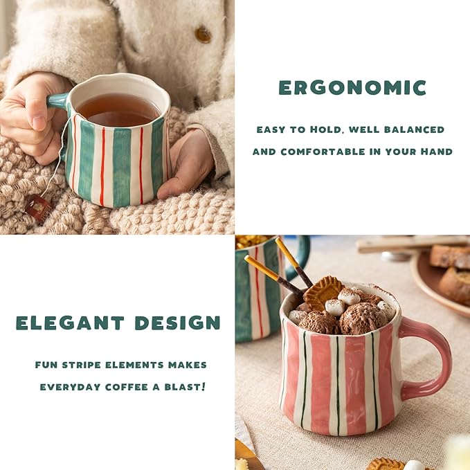 Stripe Ceramic Coffee Mugs, 12oz Vibrant Striped Red and Green Alternating Design Cute Mugs, Dishwasher & Microwave Safe Cups for Coffee, Tea, and Cocoa, Perfect for Daily Brews tea or coffee