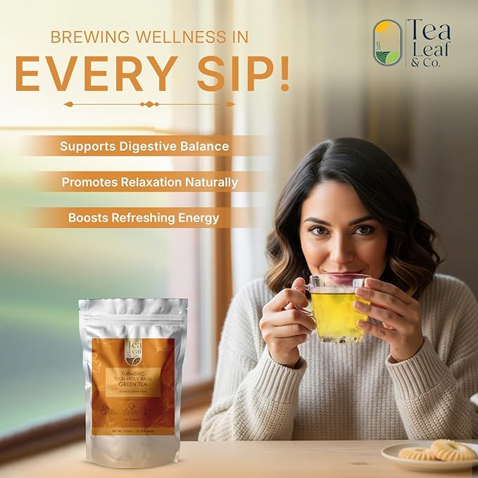 Turmeric Tulsi Tea Bags (50 Count), Green Tea with Turmeric & Peppermint, Stress Relieving, Low Caffeine Gluten Free, Whole Loose-Leaf Pyramid Tea Bags