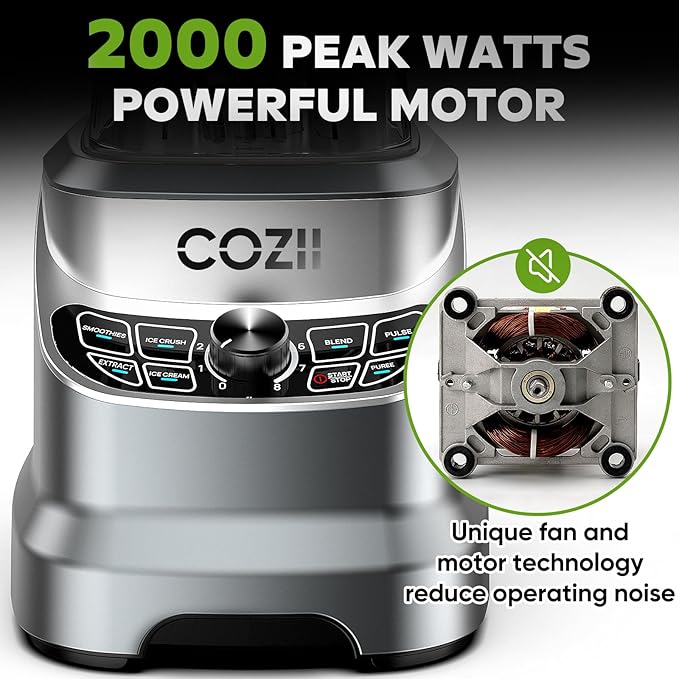 COZII Commercial Blender 2000 Peak Watt, Countertop Blenders for Kitchen,64 Oz Pitcher/21-Oz To-go Cup, 7 Preset Programs for Ice Crush/Frozen Drinks/Nut Butter, High Speed, Dishwasher Safe